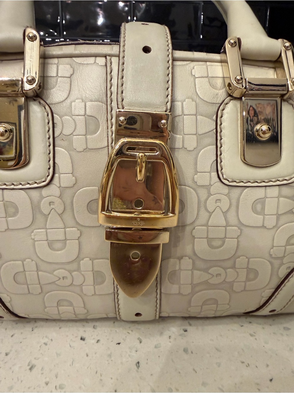 Gucci Cream Embossed Satchel Handbag with Gold Buckle - Picture 6 of 9